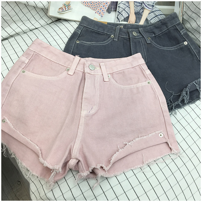 กางเกง 包邮 毛边牛仔短裤女夏季新款韩版高腰修身百搭牛仔裤女90449  