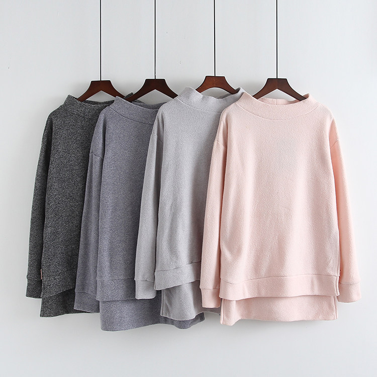 เสื้อผ้าผู้หญิง 外贸春秋绒棉打底衫宽松上衣卫衣磨毛大码纯色内搭长袖T恤女原单  