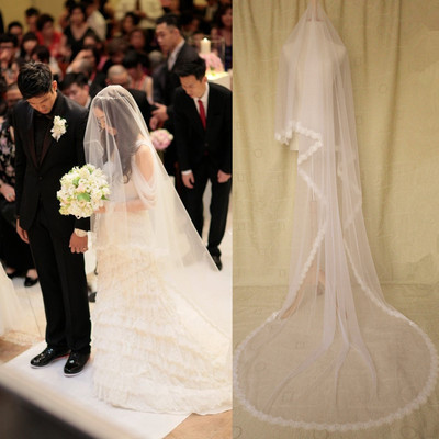 新款韩式简约新娘结婚旅拍婚礼婚纱短头纱超长三米蕾丝拖尾软头纱