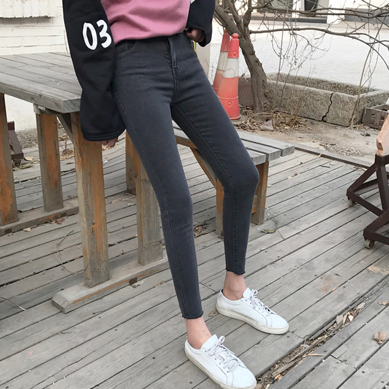 2017韓版新款復古港味chic牛仔褲高腰修身顯瘦小腳鉛筆九分褲女潮
