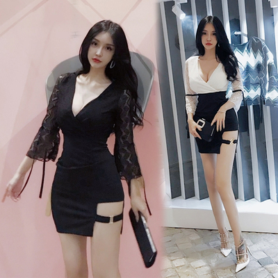 酒吧女装2018新款女夜店性感深V领低胸蕾丝打底修身包臀连衣裙秋-淘宝网