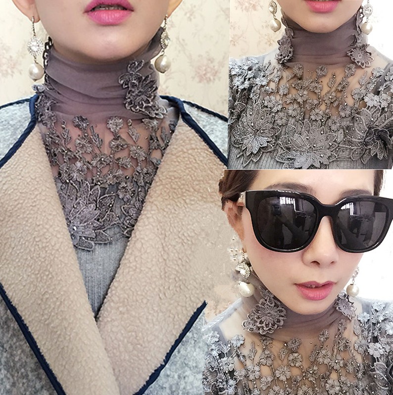 韓版2017秋鼕女裝高領蕾絲針織上衣套頭短款修身長袖打底衫毛衣