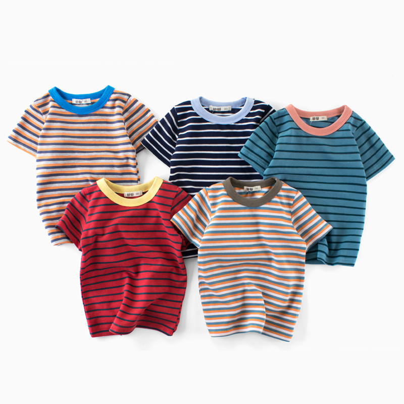 童裝兒童中小童汗衫 2017夏裝新款韓版間條男童女童短袖T恤 潮