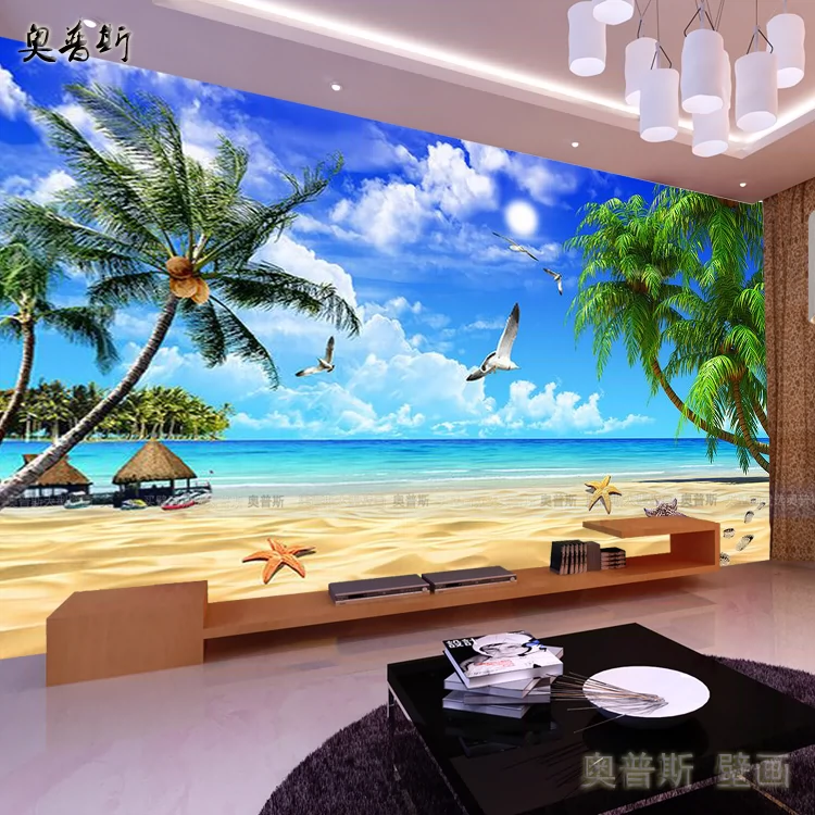 定制3d地中海5d客厅电视背景墙纸影视墙纸壁画风景海景沙滩椰树