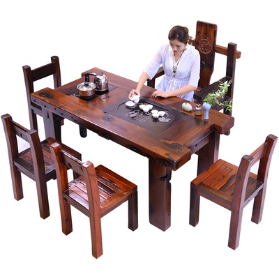 标题优化:老船木茶桌椅组合禅意新中式家具一体办公室接待功夫茶台实木茶几