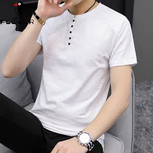 啄木鸟夏季青年男士短袖t恤韩版修身V领条纹半袖体恤衫男潮流