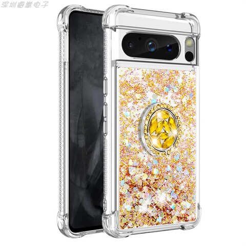 Gold — Girls Shiny Liquid Quicksand Glitter Bling Silicone TPU With Ring Finger Holder Kickstand 8, 8 Pro Google Pixel Phone