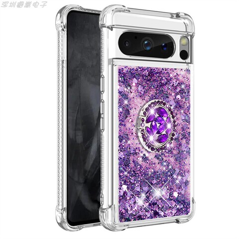 Purple — Girls Shiny Liquid Quicksand Glitter Bling Silicone TPU With Ring Finger Holder Kickstand 8, 8 Pro Google Pixel