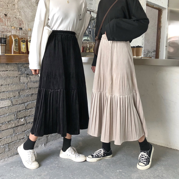 กระโปรง 早春2020新款韩版chic学院风高腰显瘦中长款黑色半身裙女百褶裙子  