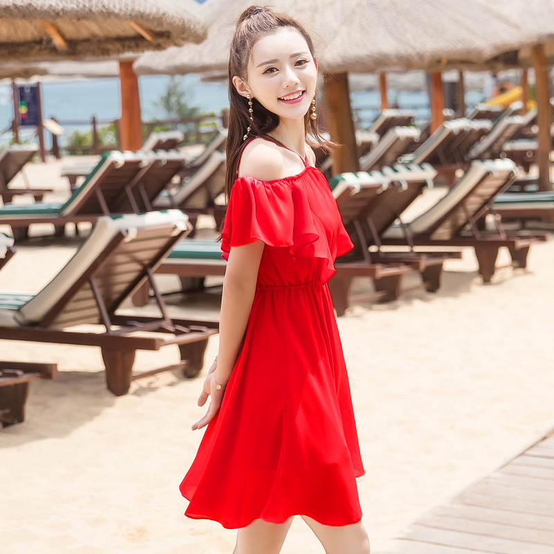 夏季新品女裝紅色短裙子一字肩雪紡連衣裙波西米亞海邊度假沙灘裙