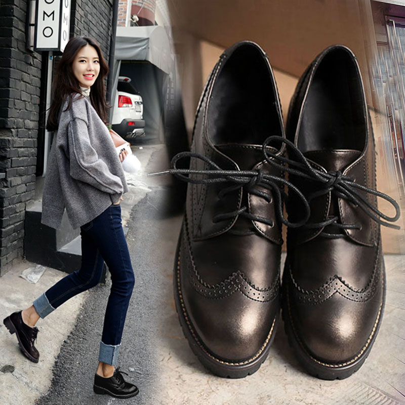 秋鼕英倫風女鞋布洛克加絨粗跟學院復古小皮鞋中低跟韓版牛津單鞋