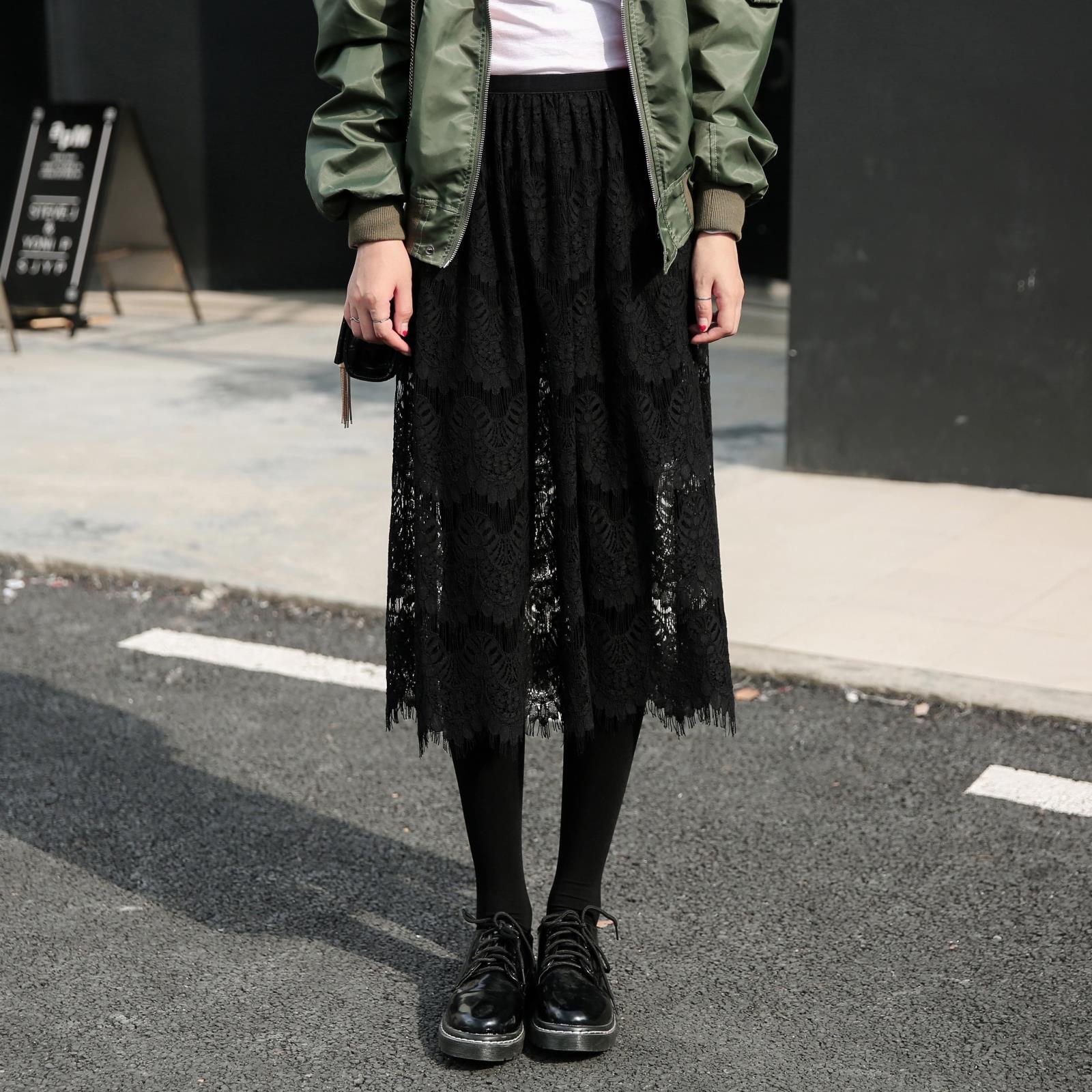 2017韓版秋鼕新款黑色復古顯瘦睫毛蕾絲半身裙罩裙單層中長款裙子