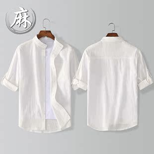 夏季棉麻7七分袖衬衫男士亚麻加大码纯色中袖韩版潮流短袖衬衣