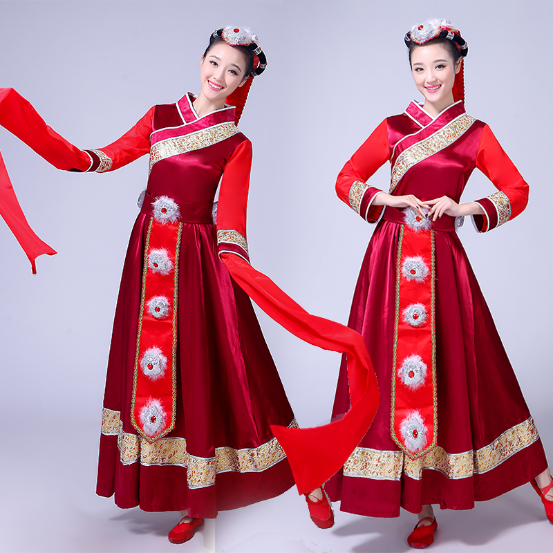 藏族舞蹈演出服裝女2017新款少數民族風裙子套裝西藏水袖衣服成人