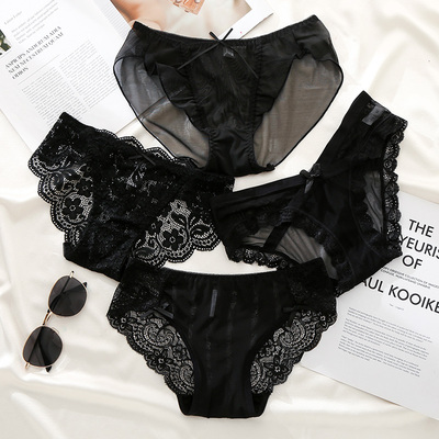 4条装蕾丝内裤女纯棉裆低腰无痕火辣少女超薄性感女士大码三角裤-淘宝网