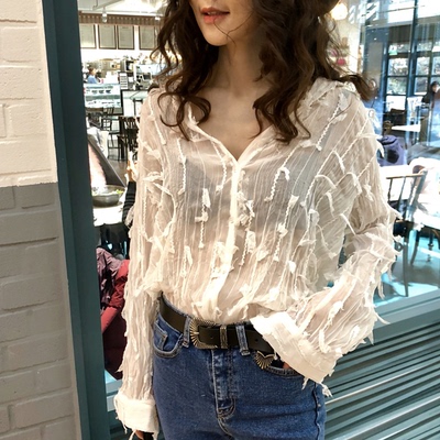 韩国东大门2018春装新款甜美气质重工流苏长袖衬衫透视雪纺衫仙女-淘宝网