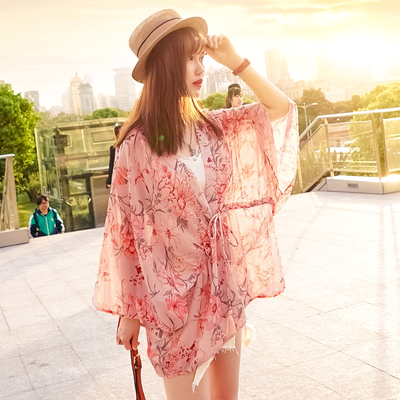 2017新款夏季女薄款外搭防晒衣开衫 宽松中长款日式粉色雪纺衫C81