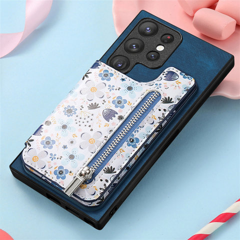 Girls Chic Stylish Flower Zipper Card Holder Kickstand S23, S23 Plus, S23 Ultra, S22, S22 Plus, S22 Ultra, S21, S21 Plus, S21