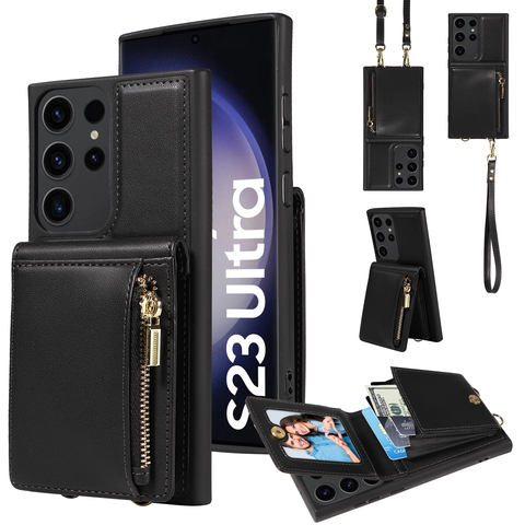 Black — Business Leather Zipper Coin Card Holder Wallet Crossbody Lanyard Strap S23, S23 Plus, S23 Ultra, S22, S22 Plus, S22