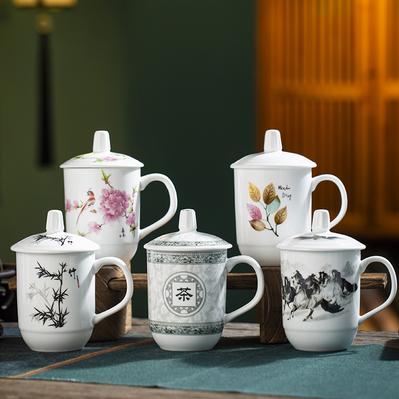 Jingdezhen Ceramic Cup Set Customized Conference Cup with Lid Hotel Hotel Home White Porcelain Tea Cup Office Cup