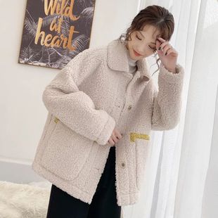 羊羔毛外套女冬季2019新款韩版宽松短款加厚仿皮毛一体拼接羊羔绒