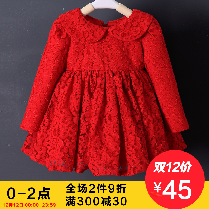 女童連衣裙秋鼕公主裙紅色加絨鼕裝娃娃長袖兒童韓版寶寶周歲裙子