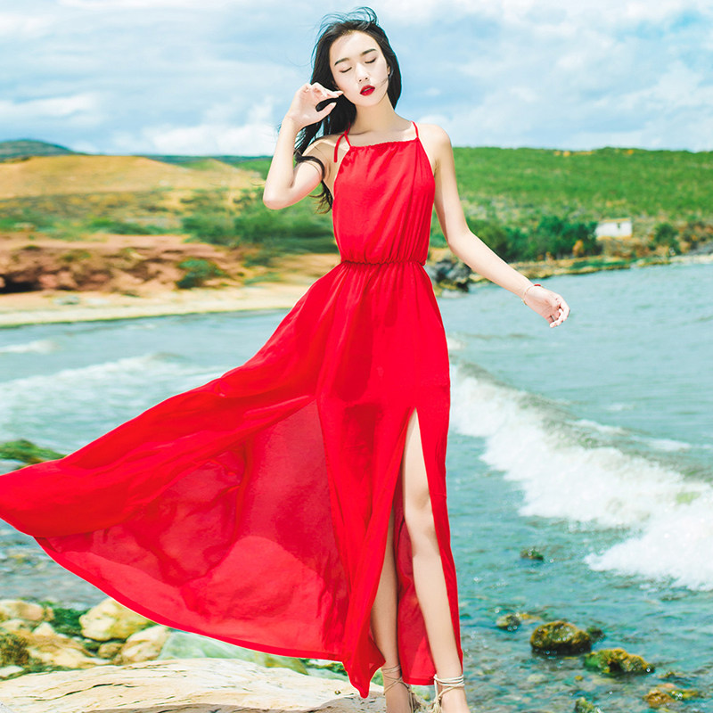 1159#实拍#甜美飘逸雪纺海边度假连衣裙开叉长裙