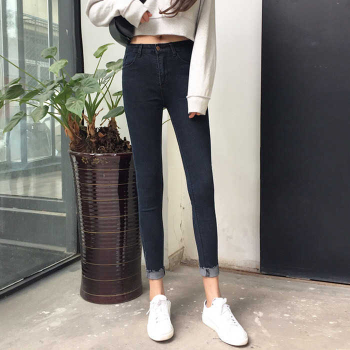 秋鼕女裝韓版牛仔褲修身顯瘦小腳褲高腰褲子黑色鉛筆褲九分褲學生