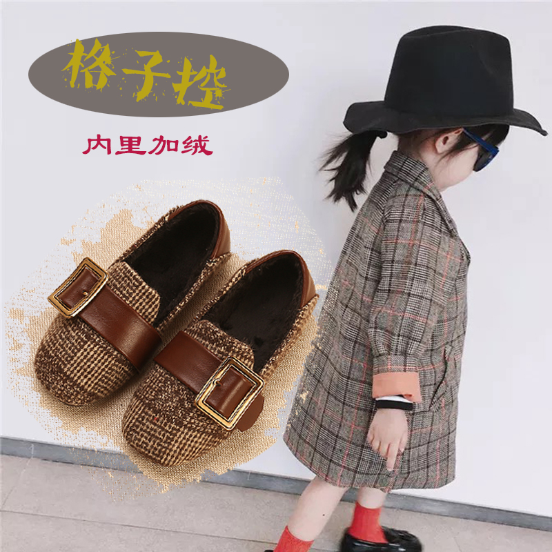 天天特價新款韓版時尚格子布毛毛鞋金屬扣加絨平底單鞋女童奶奶鞋