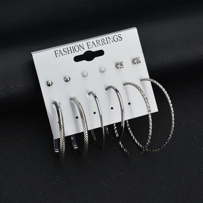 ต่างหู 韩国气质个性网红新潮秋冬款耳饰钉 6对板珍珠套装大圈个性耳环  