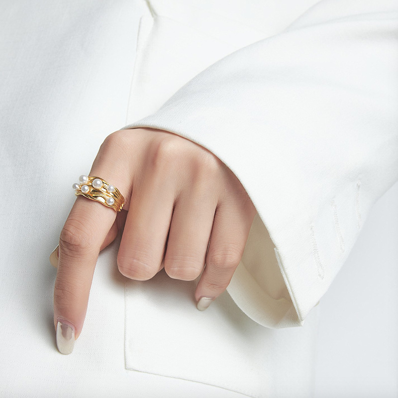 Anel de dedo indicador ajustável com abertura elegante e perolada em prata pura, temperamento e personalidade dos internautas_voghion.com