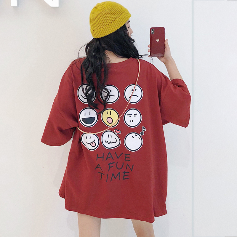 en 2019, le printemps, l'été de nouveaux étudiants coréens loose col rond manches courtes loisirs joker t-shirt long femme chemisier de la marée en 2019, le printemps, l'été de nouveaux étudiants coréens loose col rond manches courtes loisirs joker t-shirt long femme chemisier de la marée
