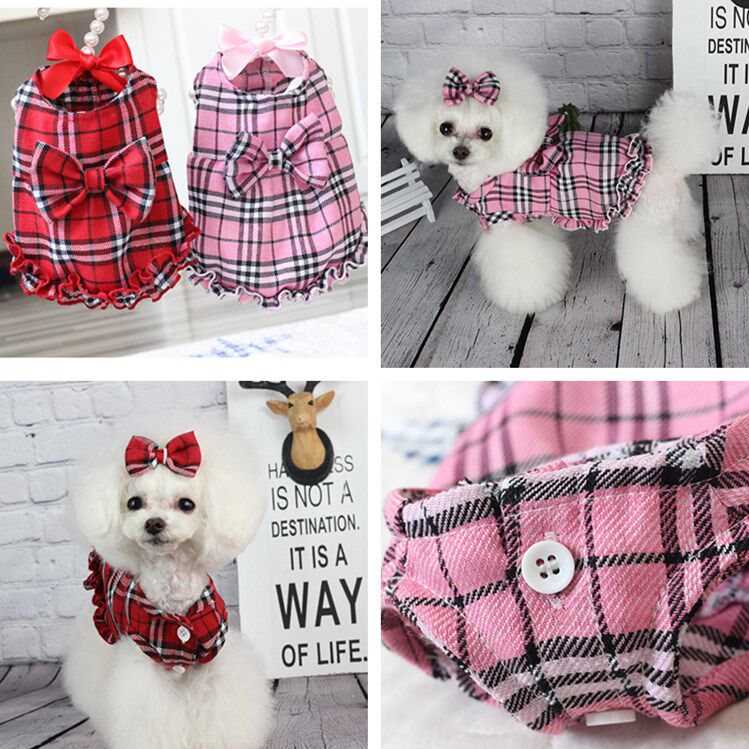 เสื้อผ้าสัตว์เลี้ยง「特价清仓」宠物衣服大蝴蝶格子可爱娃娃裙猫狗裙子  