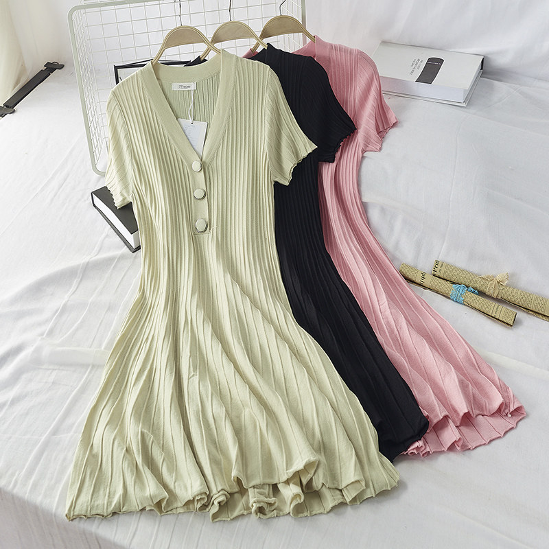 เดรส 春季新款小个子显高v领针织裙子收腰显瘦气质a字裙7042  