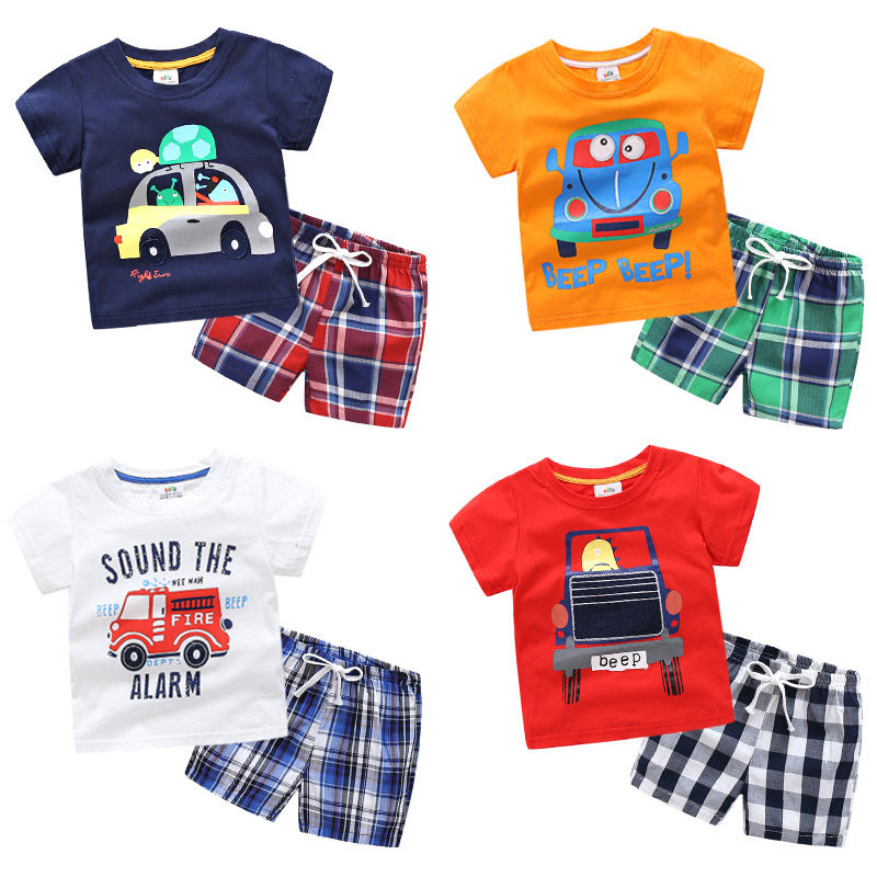 เสื้อผ้าเด็กผู้ชาย 宝宝卡通套装 2019夏装新款男童童装儿童短袖T恤短裤tz-3912  