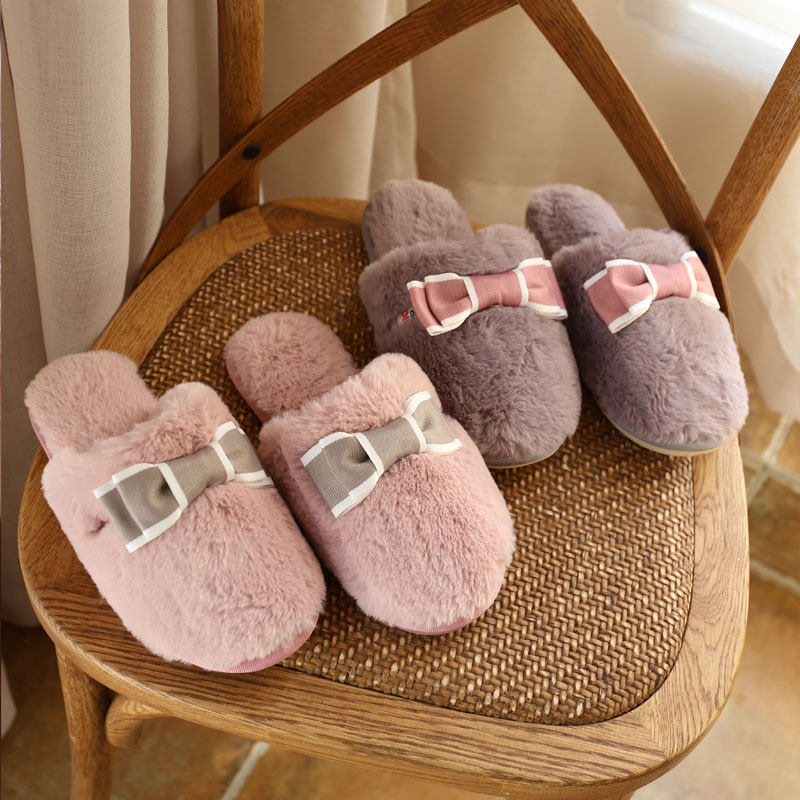 รองเท้าใส่ในบ้าน 简约蝴蝶结毛绒绒保暖拖鞋女士时尚家居防滑软底月子鞋秋冬棉拖鞋  