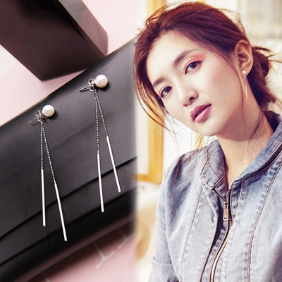 03#925纯银 明星同款 韩国饰品 流苏珍珠耳线
