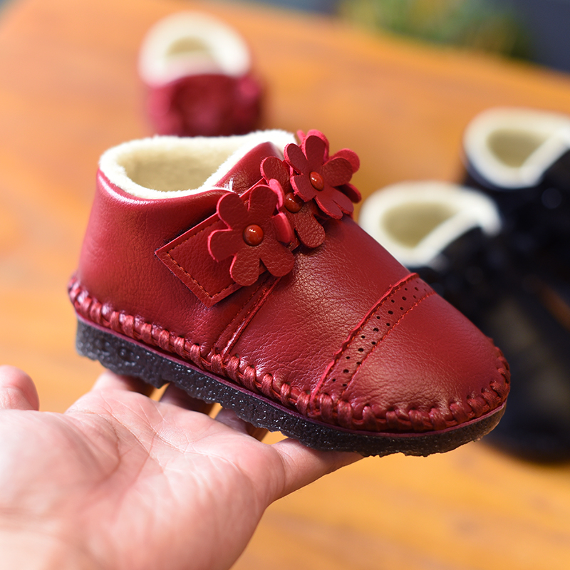 2017秋鼕新款女童縫線英倫二棉皮鞋 加絨小童防滑寶寶軟底學步鞋