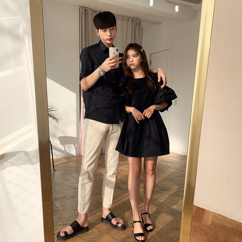 les couples chemise 2019 robe d'été nouvelle version coréenne de casual chemise à manches courtes femme longue section de la feuille de lotus manches robe les couples chemise 2019 robe d'été nouvelle version coréenne de casual chemise à manches courtes femme longue section de la feuille de lotus manches robe