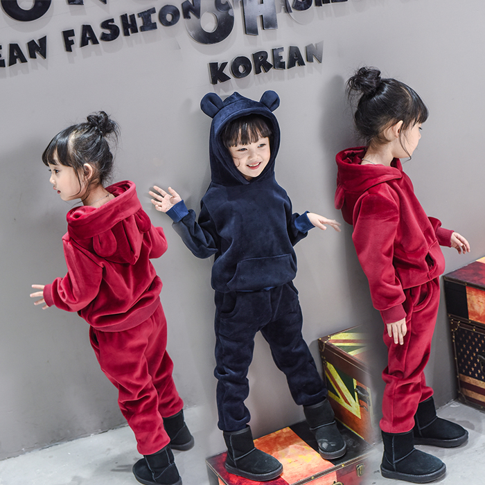 女童金絲絨套裝2017鼕裝新款韓版兒童寶寶秋鼕款童裝加絨加厚衛衣