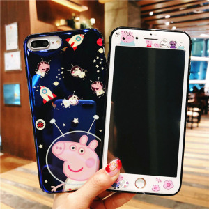苹果iPhone6plus钢化膜全屏i8小猪佩奇6s可爱7卡通7plus手机彩膜X