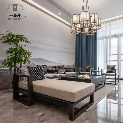 新中式实木沙发组合禅意客厅布艺贵妃椅现代简约小户型样板房家具-淘宝网