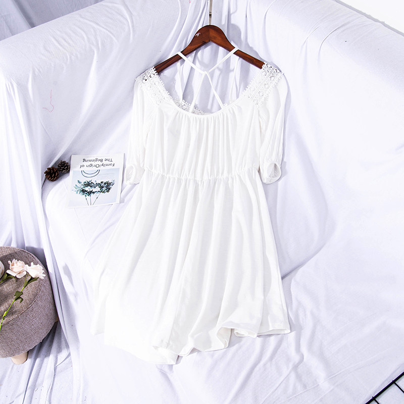 เดรส 夏装学院风优雅交叉吊带绣花镂空高腰短袖连衣裙中长款女裙7065  