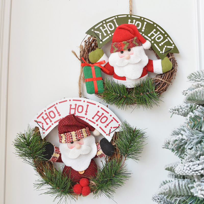 tee-dimensional plush pine needle santa cus decoration garnd rattan ring door pendant cistmas rattan ring ornaments