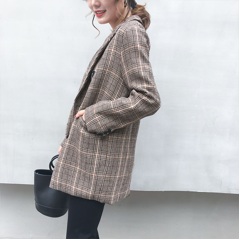2017秋鼕新款韓版女顯瘦格子小西裝復古中長款長袖羊毛呢外套修身