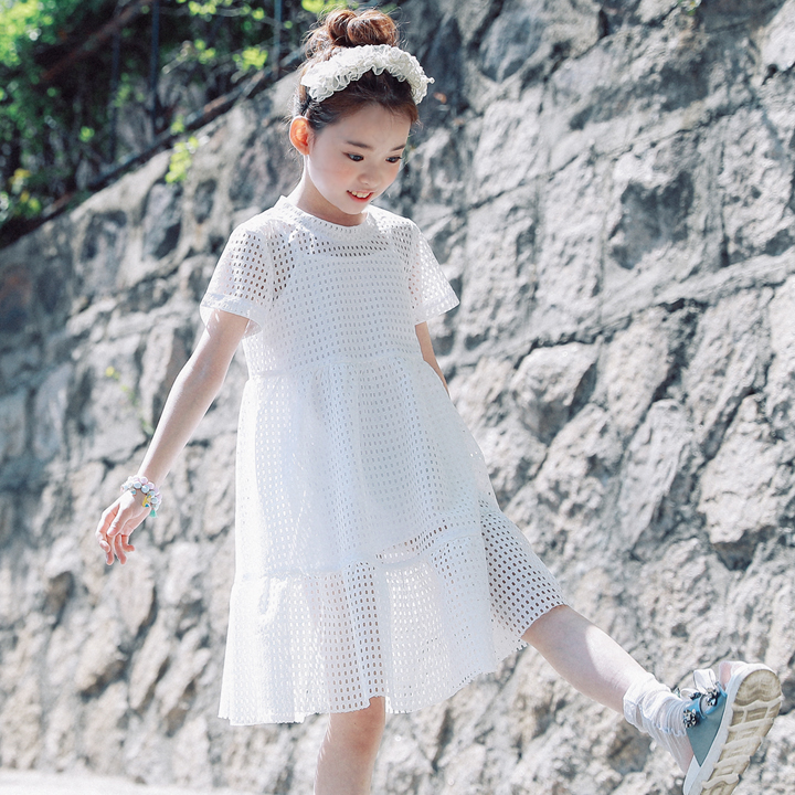 童裝2017夏裝韓版女童寬松連衣裙鏤空白色仙女裙中大童甜美公主裙