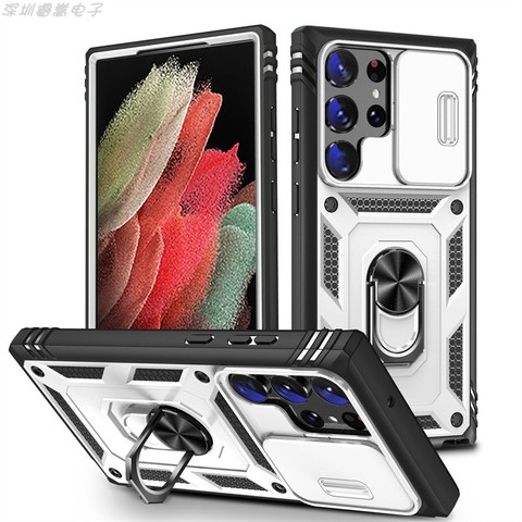 Silver — Sliding Camera Lens Protection Ring Kickstand Tough Shockproof S23, S23 Plus, S23 Ultra Samsung Phone Case