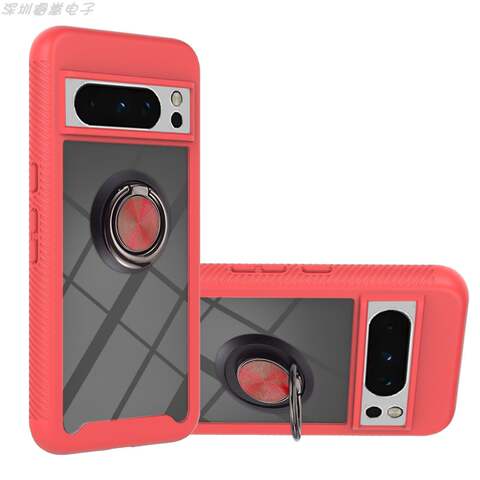 Transparent Clear Backplate Double Glazed Tempered Glass Tough Shockproof Ring Finger Holder Kickstand 8, 8 Pro Google Pixel