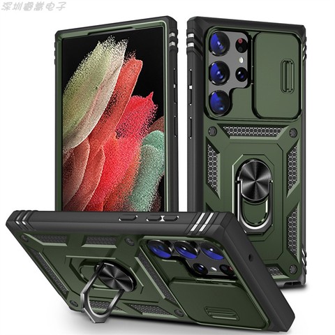 Green — Sliding Camera Lens Protection Ring Kickstand Tough Shockproof S23, S23 Plus, S23 Ultra Samsung Phone Case