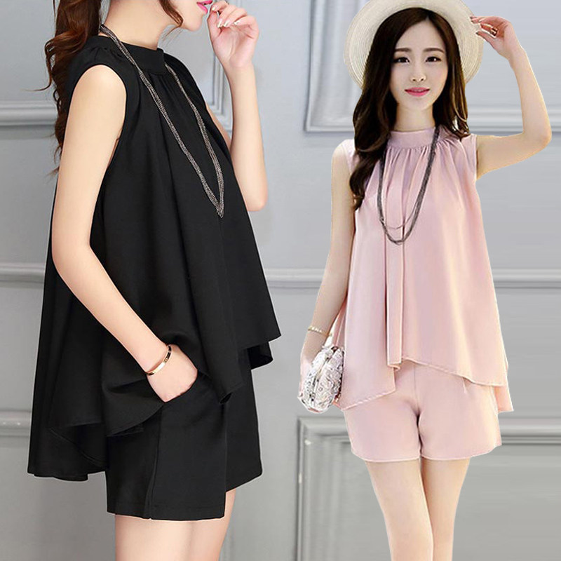 เสื้อผ้าผู้หญิง 2019夏天新款大码女装时尚雪纺衫套装修身宽松无袖短裤两件套潮  